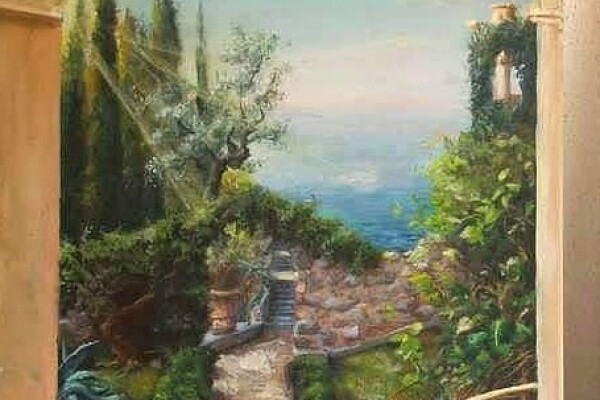 Mediterraan uitzicht geschilderd op panelen