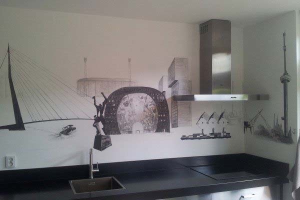 Muurschildering Rotterdam in zwart-wit