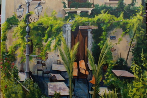 Trompe l'oeil (gezichtsbedrog) muurschildering van cafe van Don Corleone
