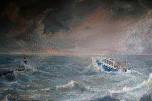 Vissersschip in storm
